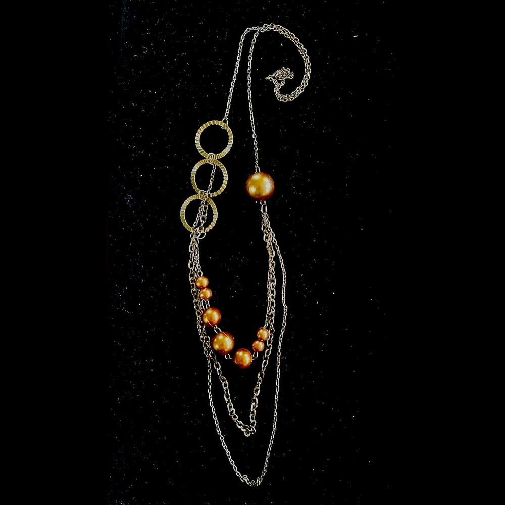 Asymmetric Circles & Gold Bead Chain Necklace 16.75”L Pre Owned Costume Jewelry